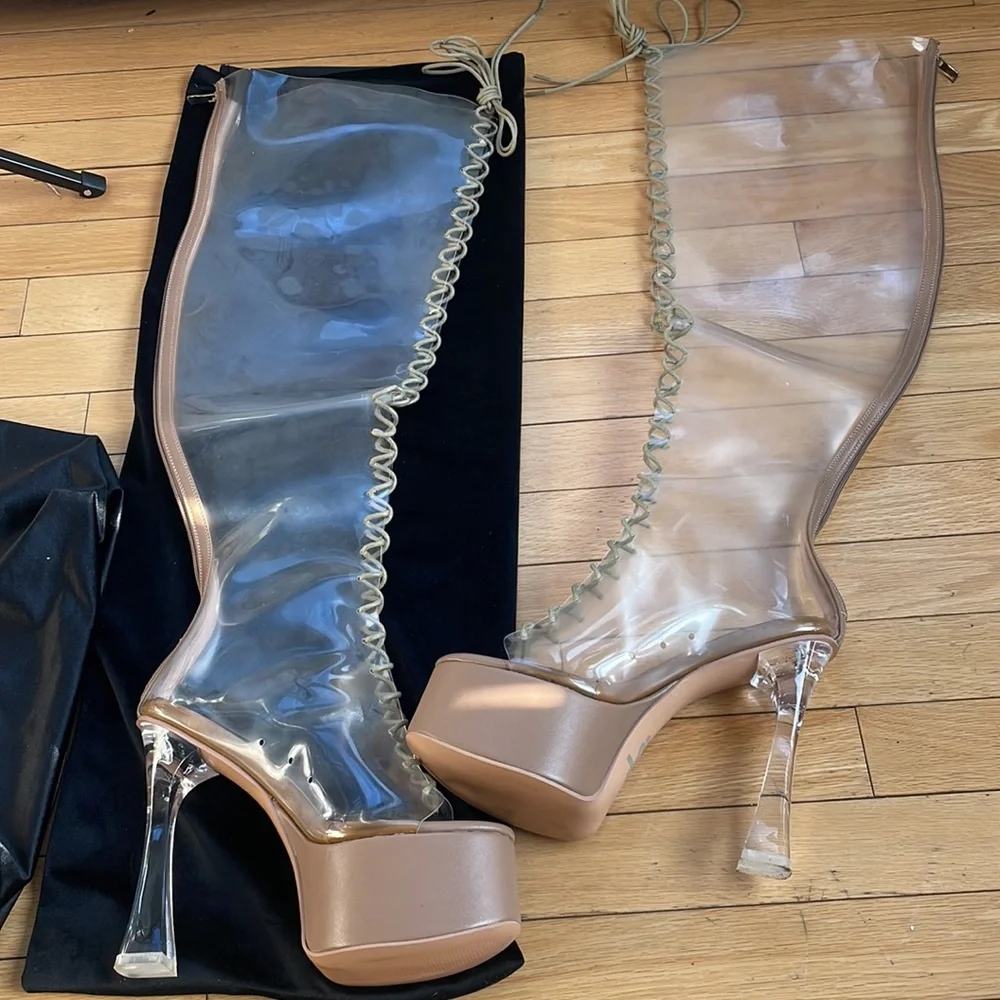 💙 NUDE  Platform THIGH HIGH LACE UP Boot SHOES *NEW*